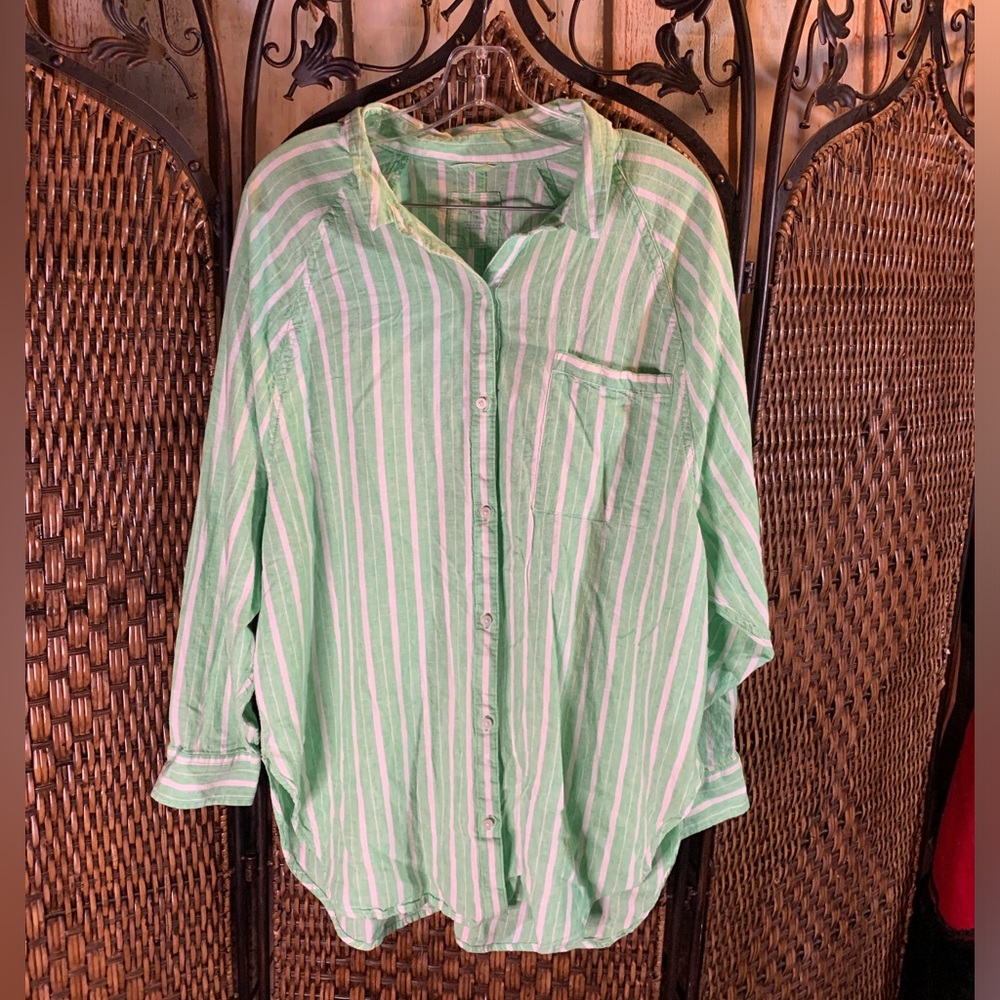 🚫SOLD🚫Aerie Green Striped Linen Blend Oversized Beach Shirt Button Down Size L